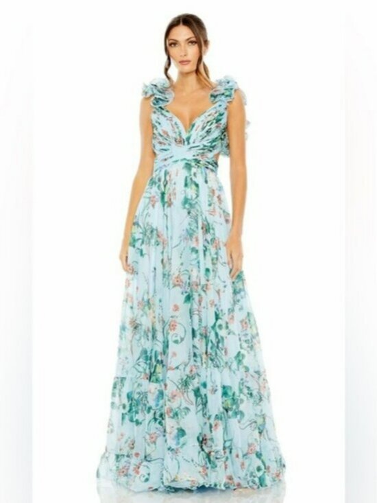 Mac Duggal Dresses & Skirts - Mac Duggal Blue Chiffon V-Neck Sleeveless Cut-Out Lace Up Back Gown